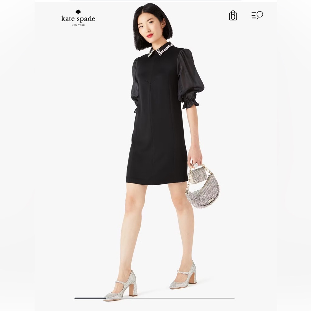 NWOT Kate Spade Embellished Pearl Collar Black Shirtdress Silk Puff Sleeves